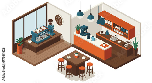 Cozy isometric coffee shop interior with modern equipment and decor