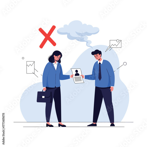 Man and woman look sad as they review a job application with a rejection mark, representing unemployment, career setbacks, or professional disappointment.