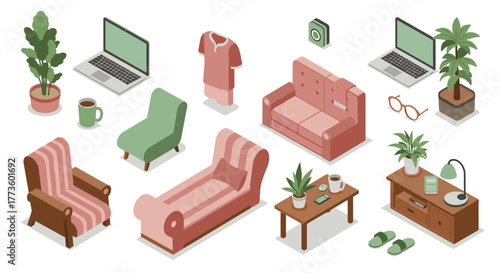 Cozy isometric living room with furniture and plants for modern home decor