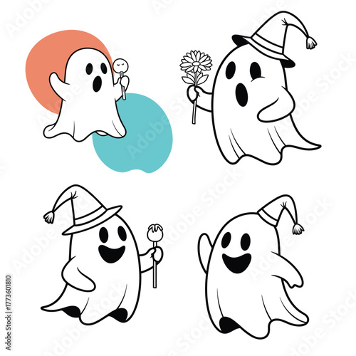 A delightful compilation of four friendly cartoon ghosts, featuring witch and party hats, a sweet lollipop, a lovely flower, and a playful scepter, ideal for whimsical Halloween designs.