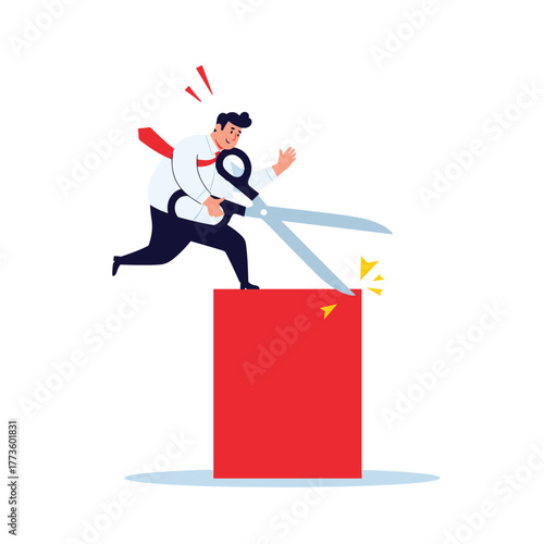 Energetic businessman in motion uses oversized scissors to cut into a solid red block, symbolizing a breakthrough, problem-solving, or overcoming a major obstacle.