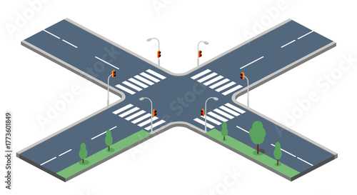 Isometric urban intersection with traffic lights and crosswalks