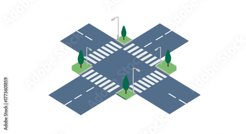 Isometric intersection with crosswalks and streetlights in urban design