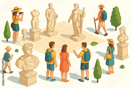 Tourists exploring classical art statues in museum garden