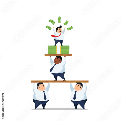 A hierarchical business structure illustrating how the labor of lower-level employees directly supports the financial success and wealth accumulation of an executive.