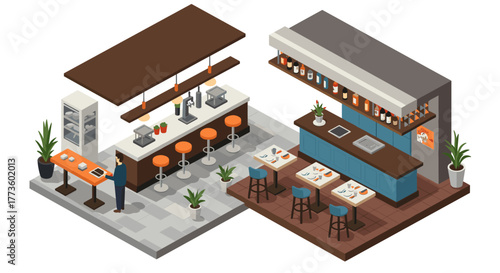 Modern isometric café design with bar and dining area