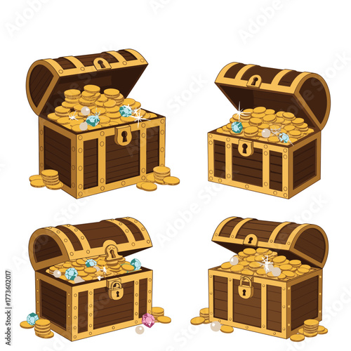 Four charmingly illustrated open wooden treasure chests are shown, each filled to the brim with gleaming gold coins, sparkling diamonds, and lustrous pearls, representing a bounty of pirate treasures.