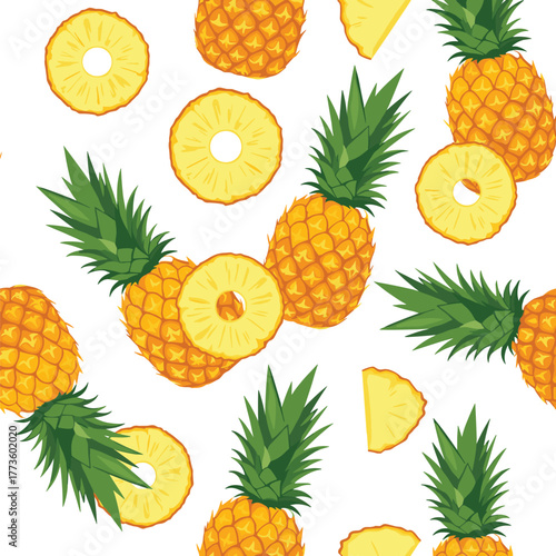 A vibrant and appetizing seamless pattern features an assortment of whole and sliced pineapples with green leaves, scattered against a clean white background, ideal for tropical designs.