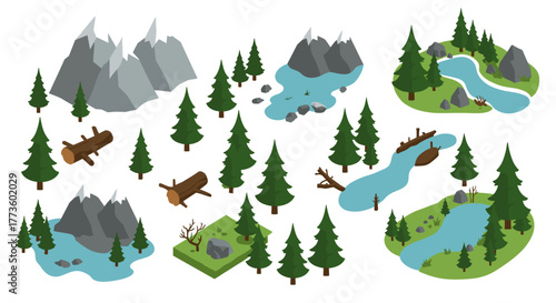 Isometric forest landscape scenes with rivers, mountains, and trees