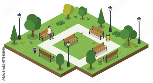 Isometric park scene with benches, trees, pathway, and lampposts