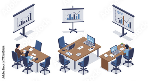 Modern isometric office meeting room with presentation charts and collaborative work setup