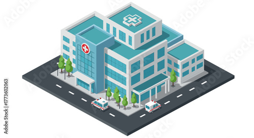 Isometric modern hospital building and ambulances on road
