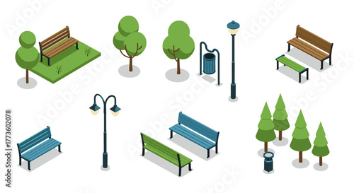 Isometric urban park elements: benches, trees, and lamp posts on a white background