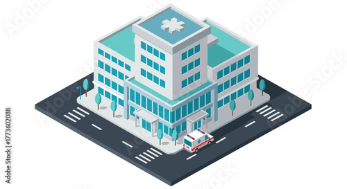 Isometric hospital building with ambulance on city street intersection