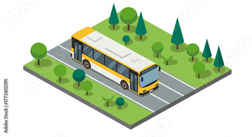 Isometric city bus driving through park with trees on road