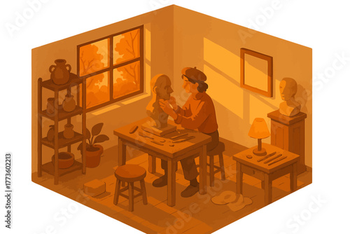 Young hispanic male sculptor in warm studio setting with busts and tools