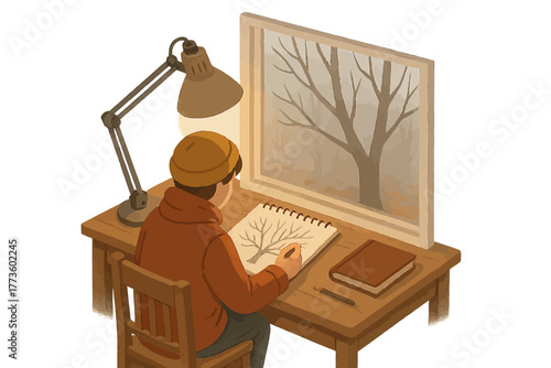 Young caucasian male drawing tree indoors next to window with winter scene