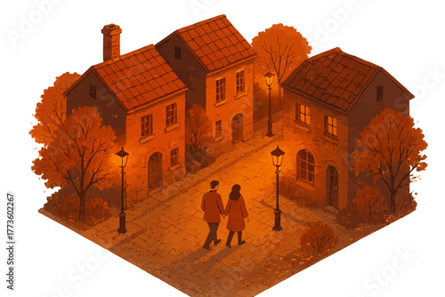 Illustration of couple strolling on cozy autumn evening in quaint village