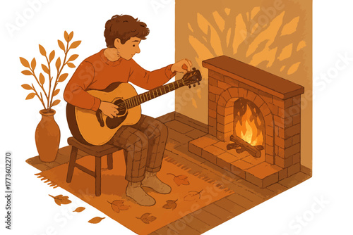 Young caucasian male playing guitar by cozy fireplace in autumn setting
