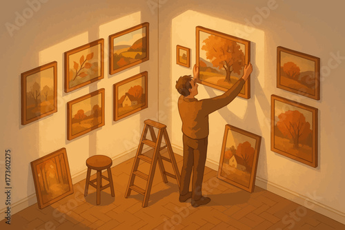 Young caucasian male arranging autumn paintings in art gallery with warm lighting