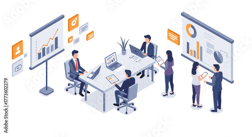 Isometric office meeting with business team analyzing data and charts