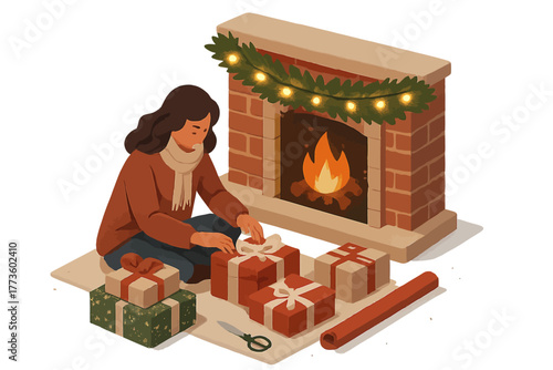 Young female wrapping gifts by festive fireplace during holiday season