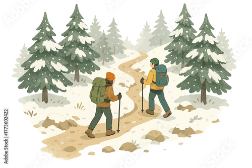 Two adults hiking on a snowy forest trail in winter wonderland