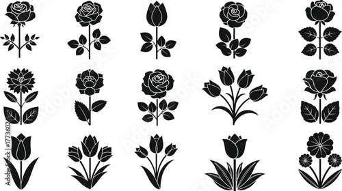 Black and white floral silhouettes, decorative flower icons, botanical vector design, abstract rose tulip shapes, ornamental nature pattern, elegant graphic elements