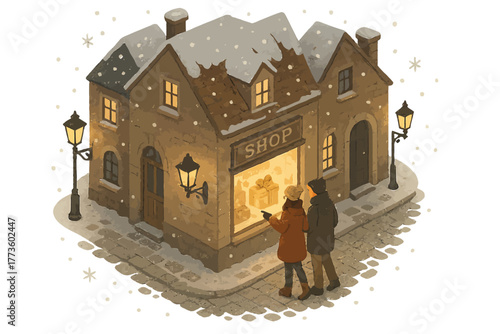 Cozy winter street scene with shoppers at night in snowy village