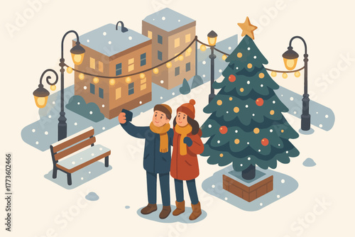 Young caucasian couple taking selfie in snowy christmas town with decorated tree