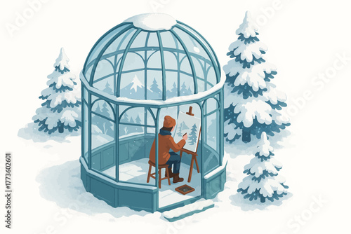 Male artist painting in snowy glass gazebo surrounded by winter trees