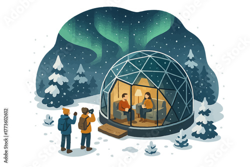Couple relaxing in geodesic dome under northern lights with friends outside