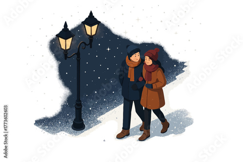 Caucasian young couple strolling on snowy night under streetlights
