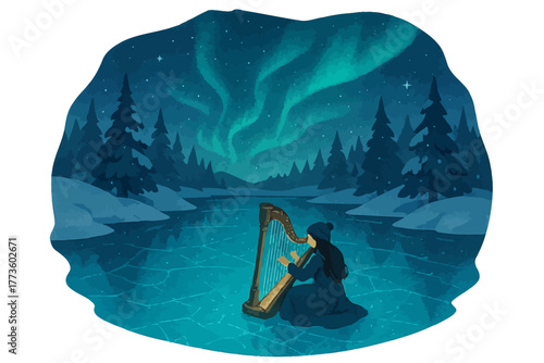 Woman playing harp on frozen lake under northern lights