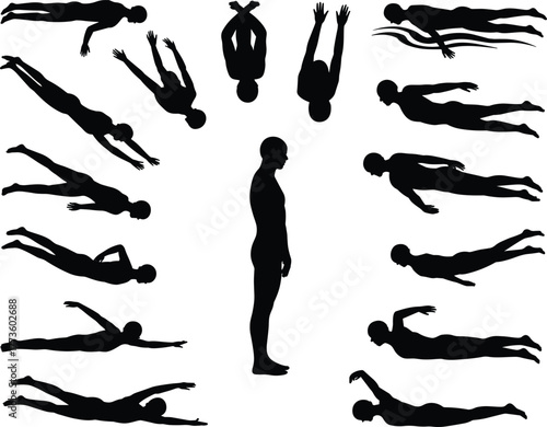 Human silhouette swimming positions, underwater swimmer poses, diverse male figure, swimming strokes, exercise vector, fitness illustration, athletic man swimming shapes