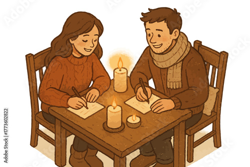 Cozy caucasian couple writing by candlelight at wooden table