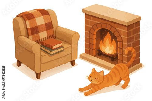 Cozy living room scene with armchair, fireplace, and stretching cat