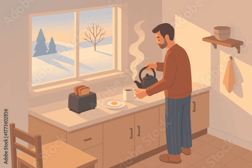 Caucasian male adult preparing tea in cozy winter kitchen scene with snowy landscape