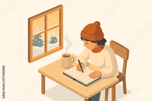 Young caucasian male writing in journal at cozy winter cabin