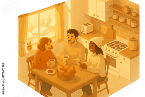 Warm winter gathering in cozy kitchen with three young adults sharing coffee