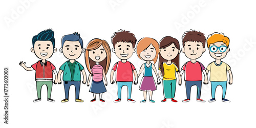 Group of cartoon young people. Teenagers students .vector icon
