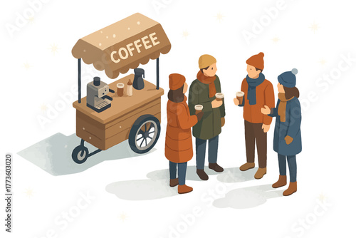 Group of diverse adults enjoying coffee outdoors on a winter day
