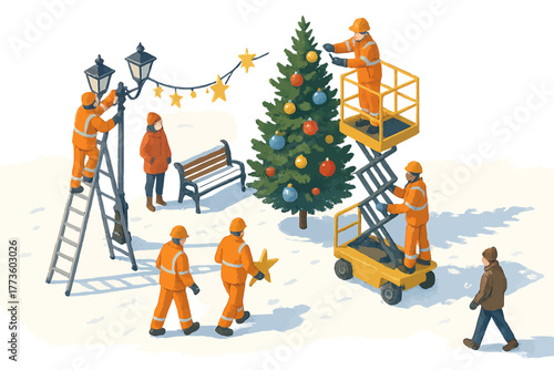 Workers decorating christmas tree and lights in snowy park setting