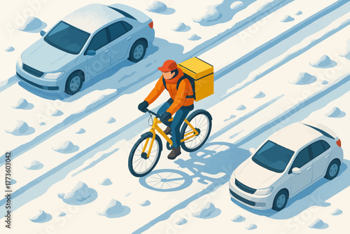 Male cyclist delivering in snowy urban street with cars