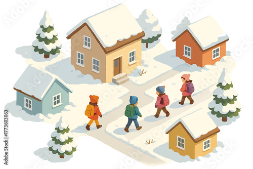 Children walking in snowy neighborhood with colorful houses and evergreen trees