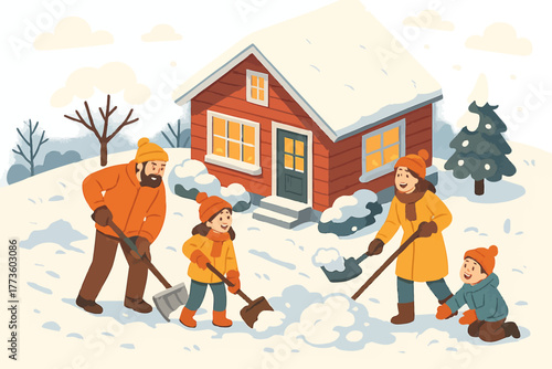 Family shoveling snow together: winter fun with caucasian adults and children