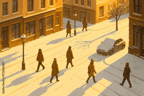 Winter street scene with people walking in snowy urban setting