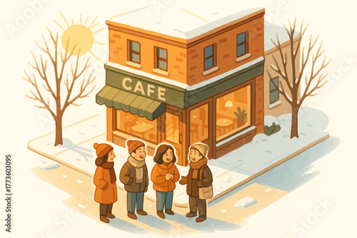 Group of diverse adults in winter clothing outside snowy cafe