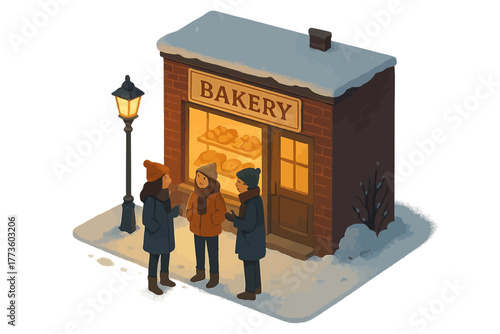 Winter evening gathering of young friends near cozy bakery