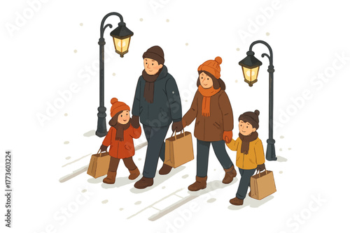 Happy family with shopping bags walking in winter street at night
